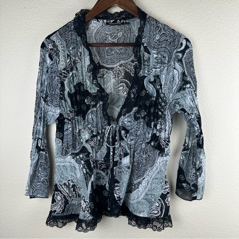 Notations Y2K Tie Front Top Womens Medium Grey Black Paisley Lace Trim Vintage